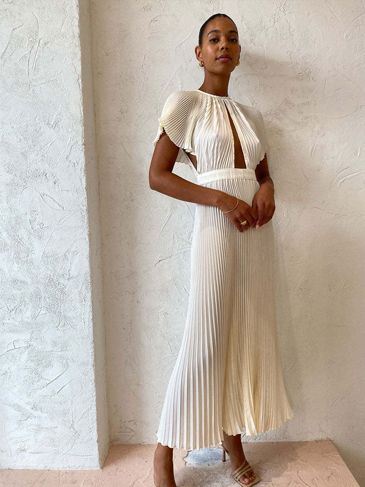 White Hollow Out Pleated Dress