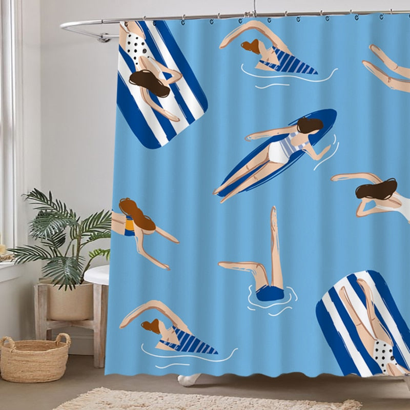 Blue Swimming Cartoon Shower Curtain
