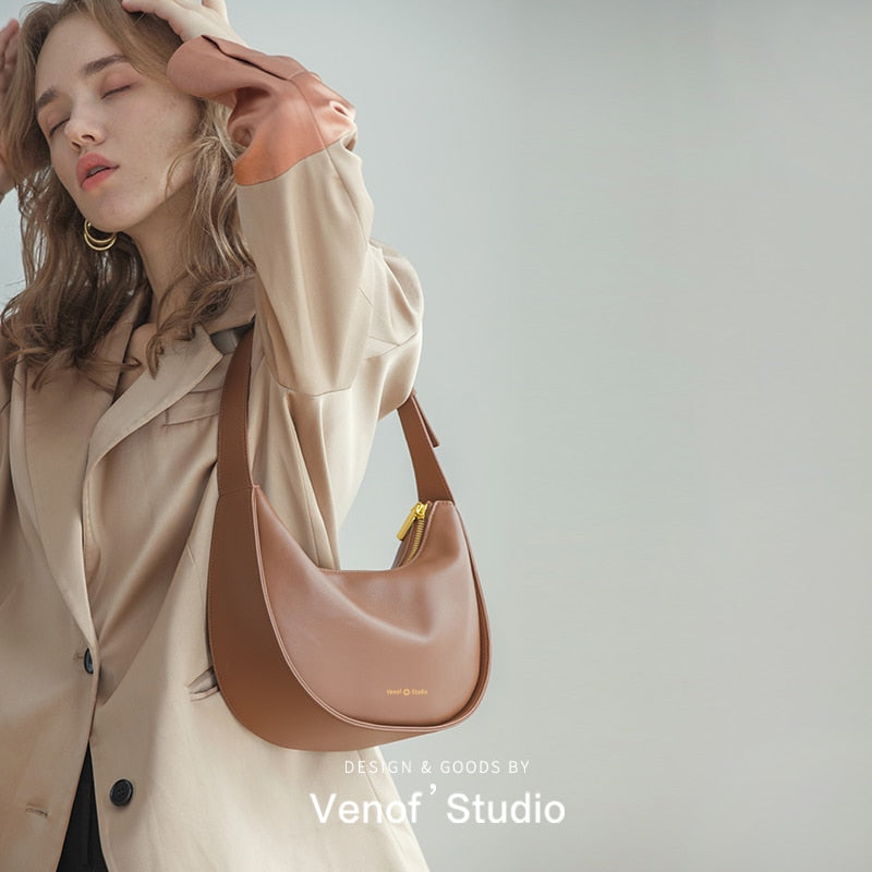 Soft Leather Half Moon Tote Bag