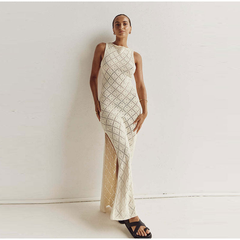 Apricot Knitted Sleeveless Midi Dress