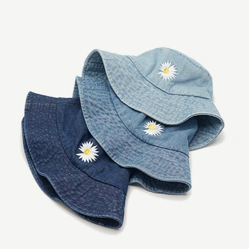 Denim Daisy Embroidery Bucket Hat