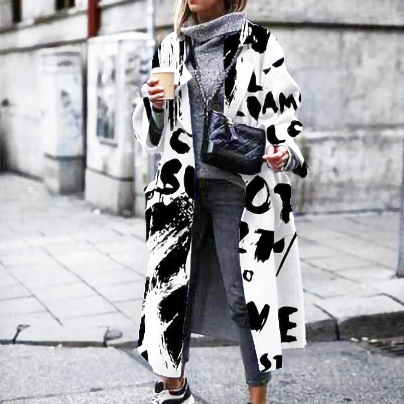 Pattern Print Long Woolen Coat
