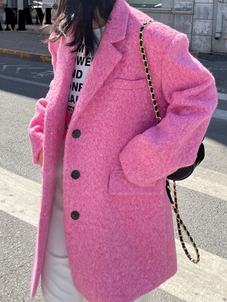 Pink Long Oversize Woolen Coat