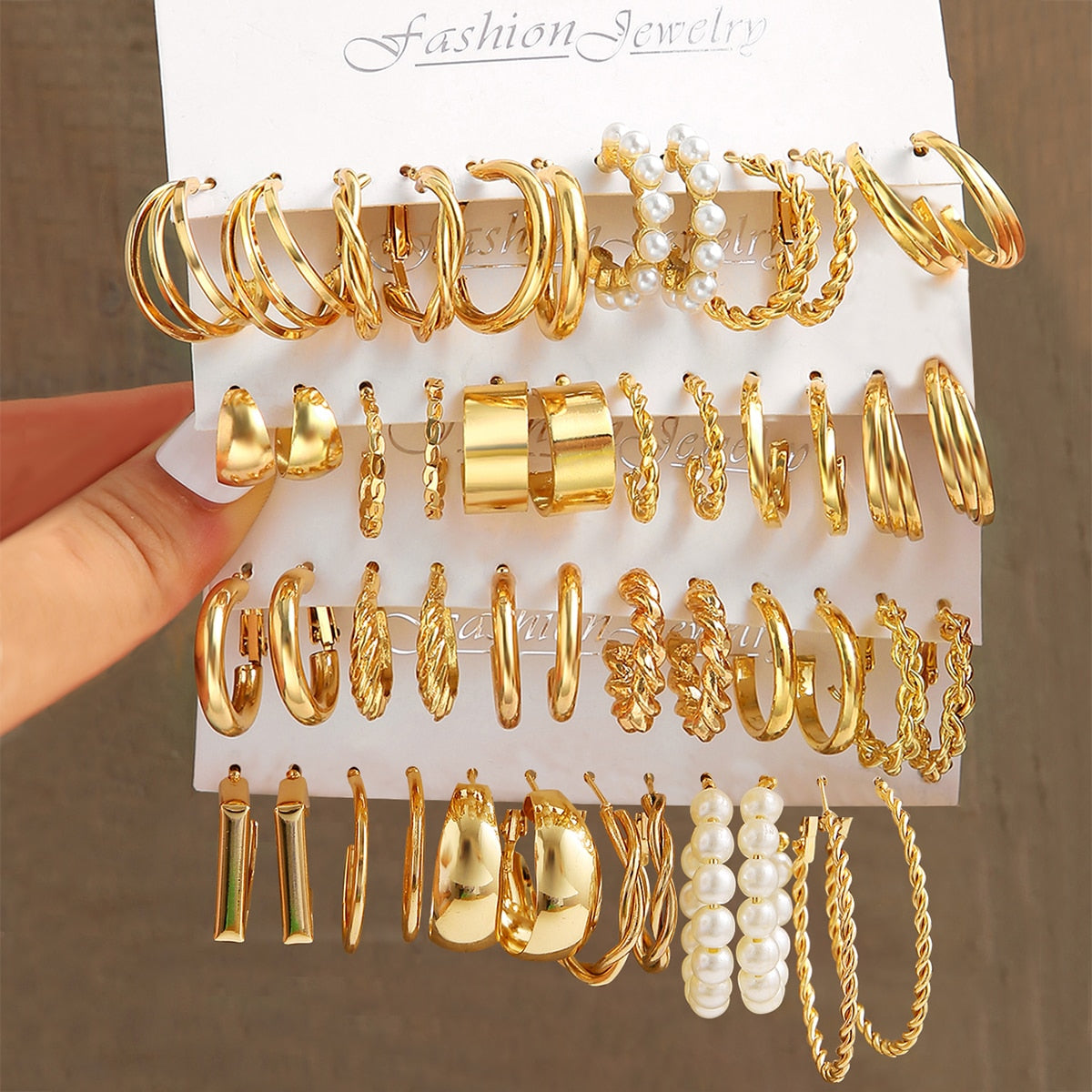 Gold Pearl Hoop Earrings Set