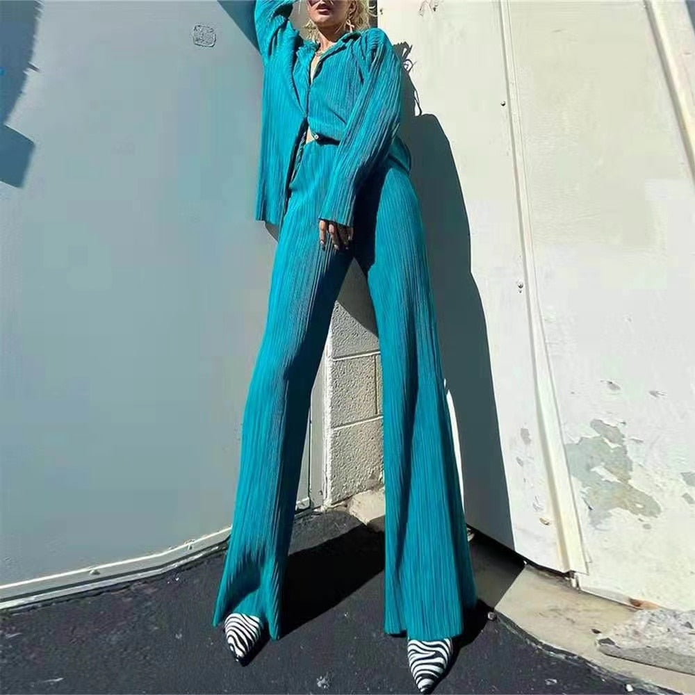 Long Sleeve Blouses+Wide Leg Pants Two Piece Set