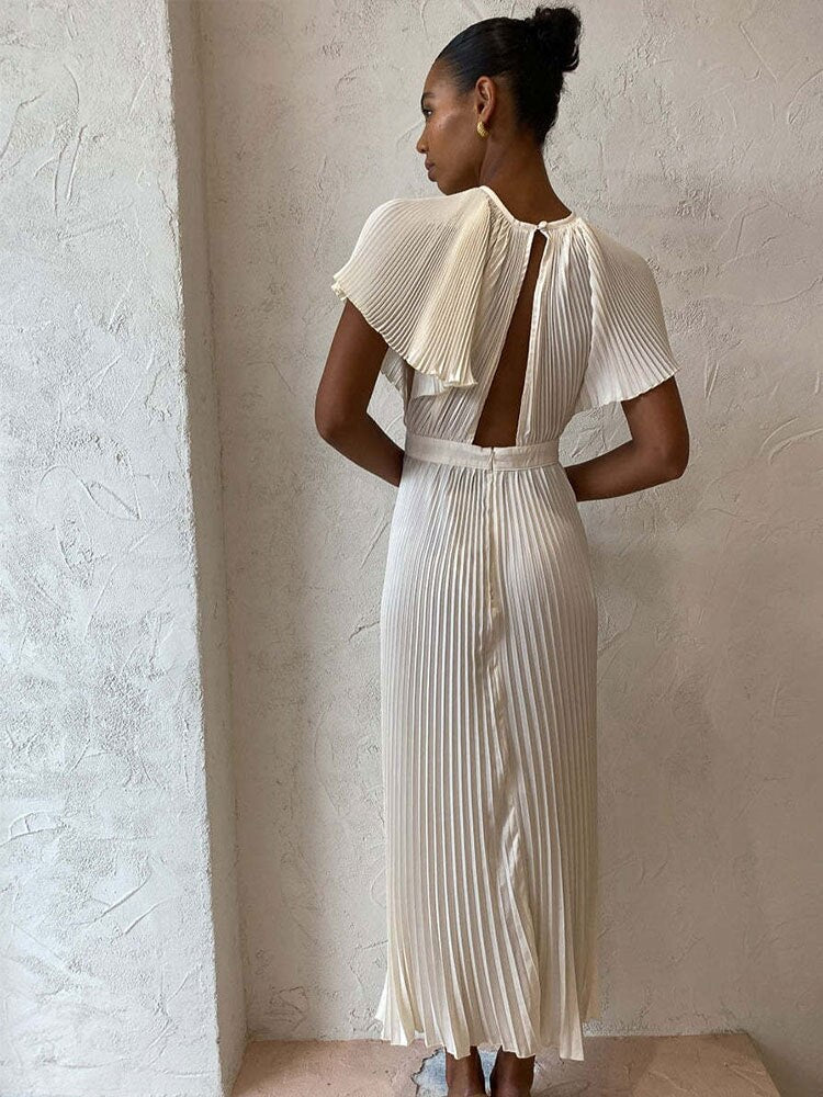 White Hollow Out Pleated Dress