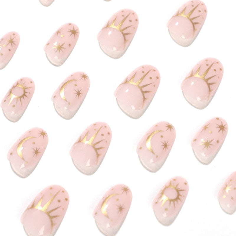 24Pcs/set Press On Nails Gold Line Sun Star Moon