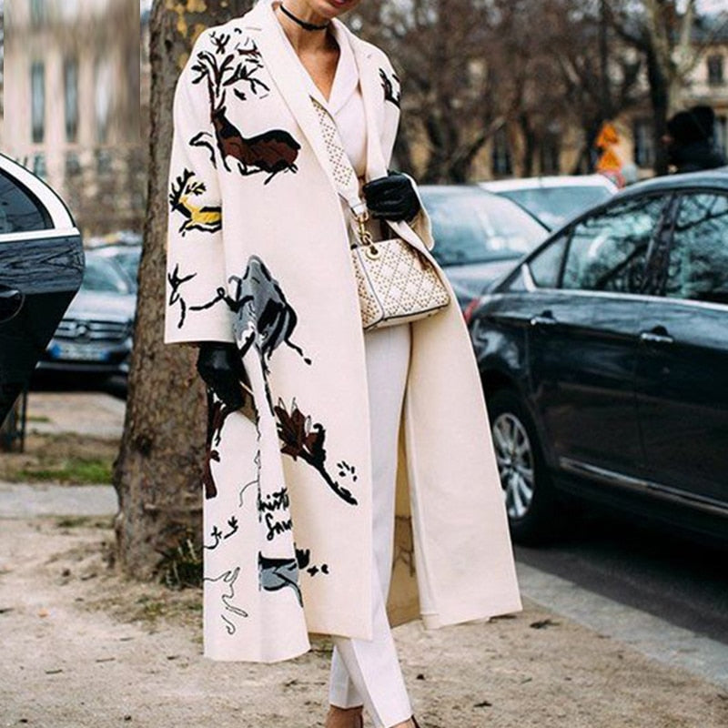 Pattern Print Long Woolen Coat