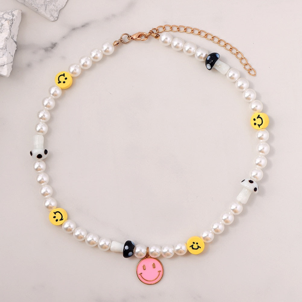 Boho Smiley Pearl Rainbow Choker Necklace