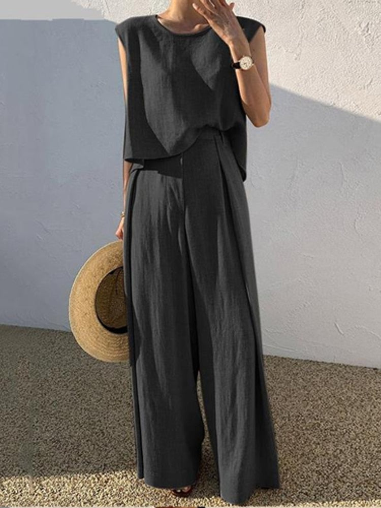 Black Cotton Linen Two Piece Set