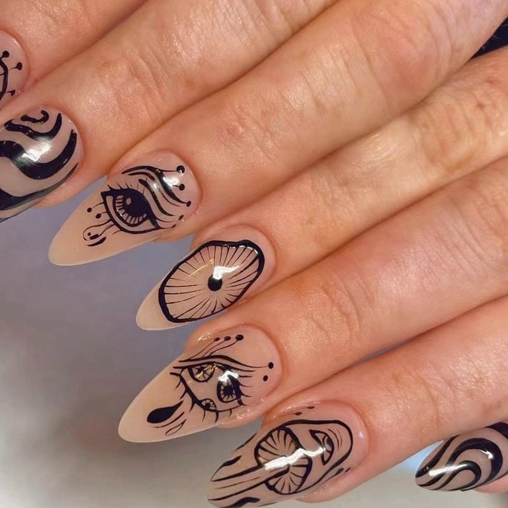 24Pcs Cartoon Black Almond Press On Nails