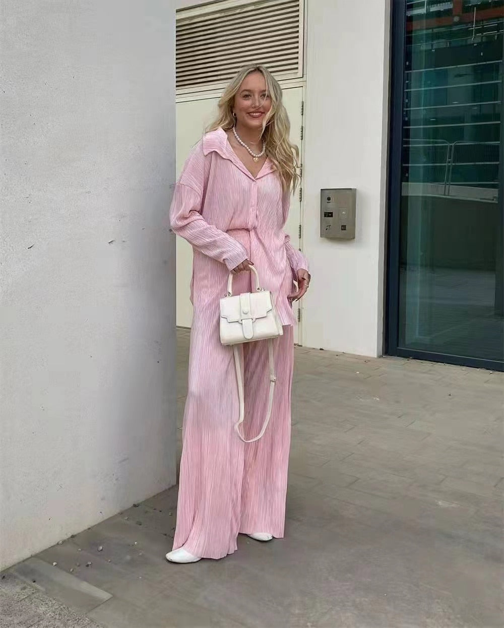 Long Sleeve Blouses+Wide Leg Pants Two Piece Set
