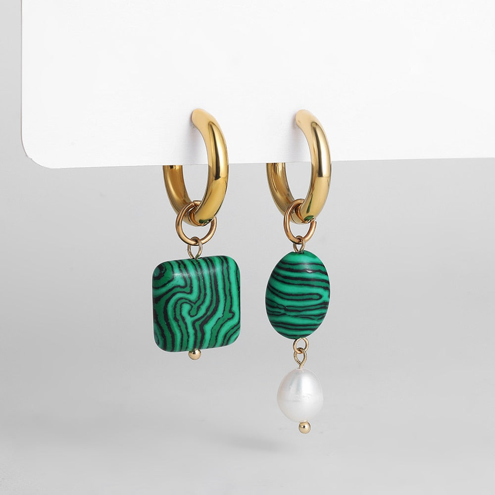 Green Pearl Transparent Resin Geometric Hoop Earrings