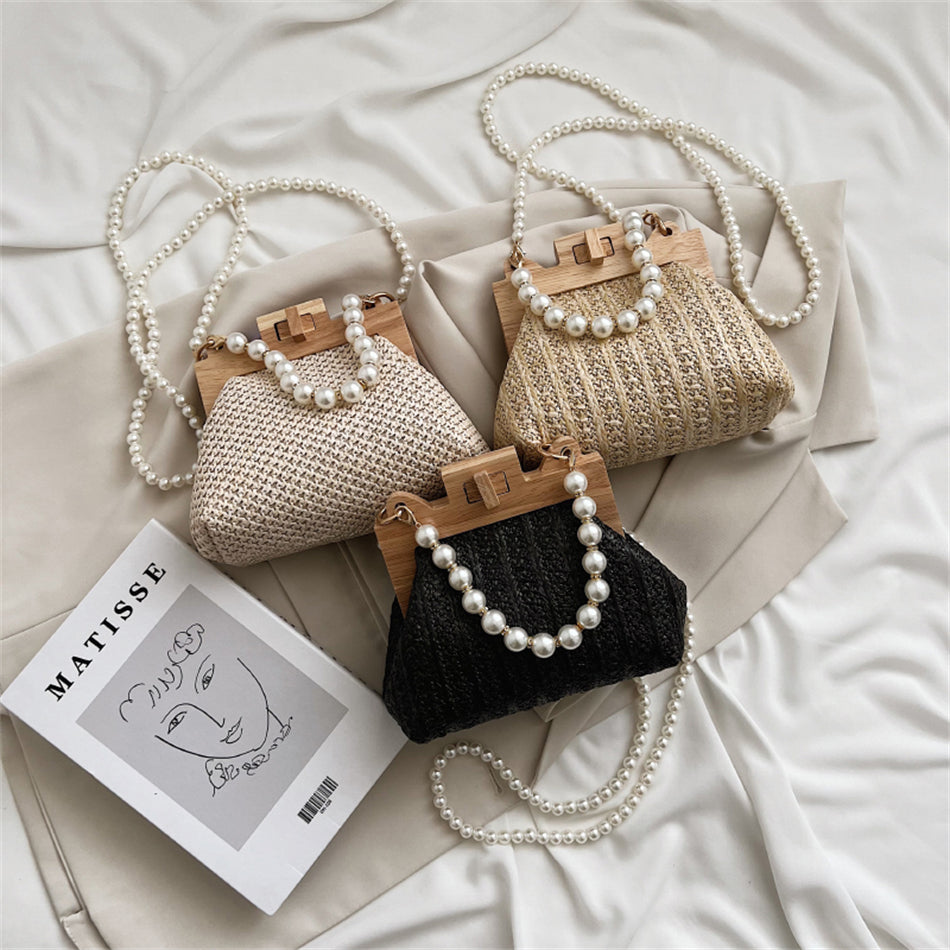 Wooden Straw Clip Bag Pearl Bag
