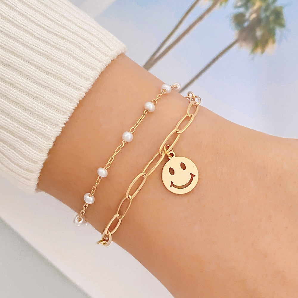 Gold Heart Pearl Smiley Bracelet