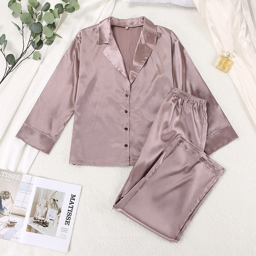 Satin Silk Loose Long Sleeve Pyjama Set
