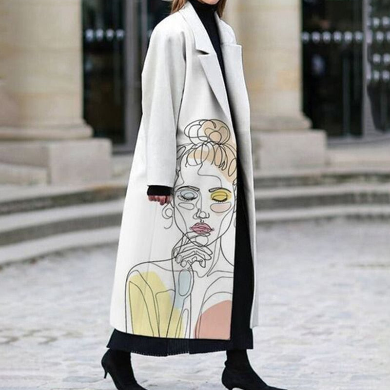 Pattern Print Long Woolen Coat