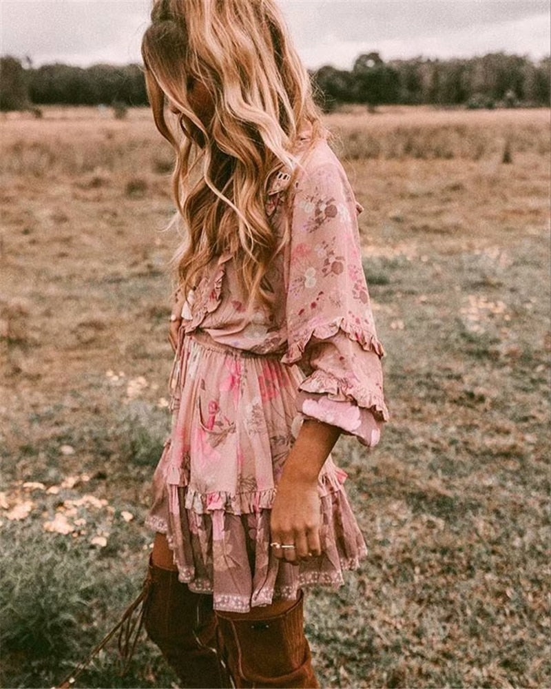 Boho Floral Print Long Sleeve Dress