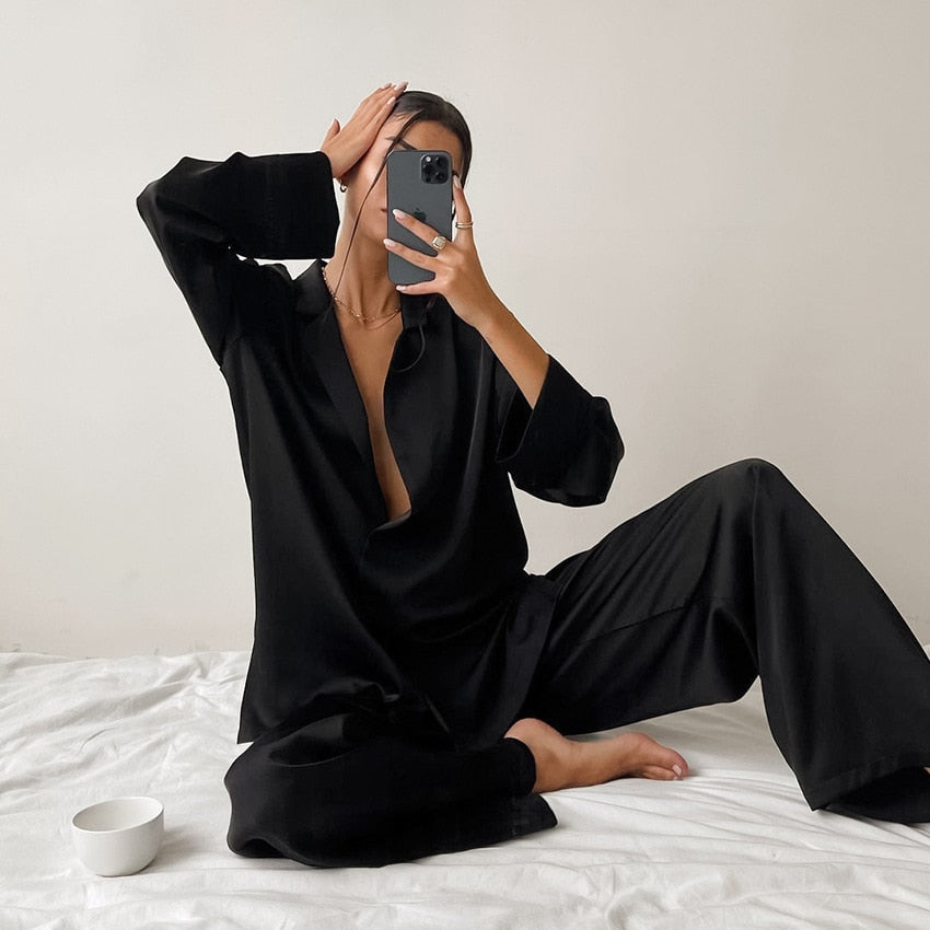 Satin Silk Loose Long Sleeve Pyjama Set