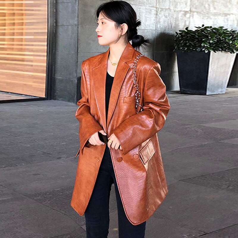Oversized Crocodile Faux Leather Blazer