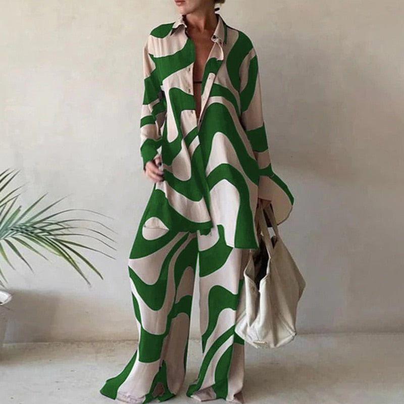 Green Loose Stripe Shirt Pants Two Piece Set