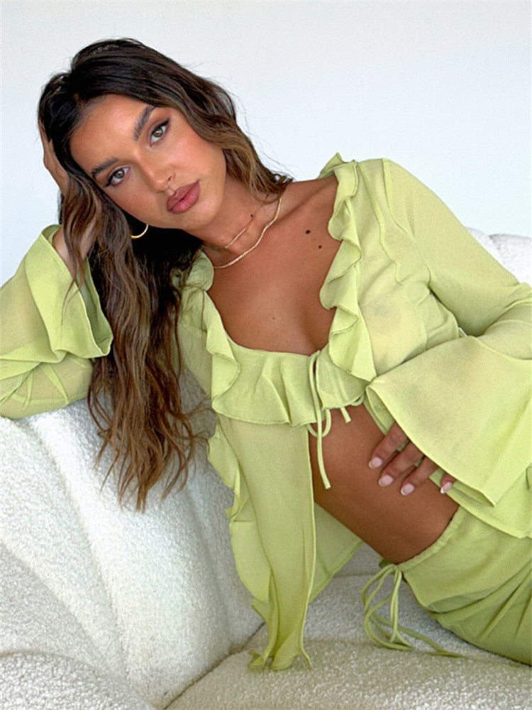 Green Mesh Ruffles Two Piece Set