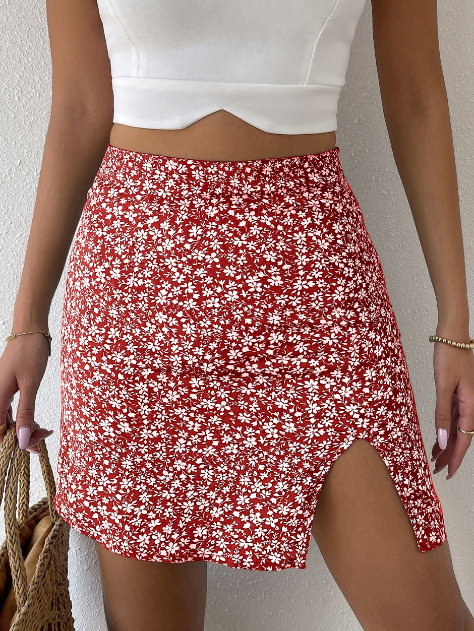 Floral Print High Waist Split Mini Skirts