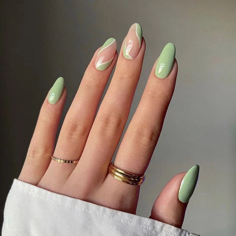24Pcs/Set Pastel Green/Nude French Stiletto Nails