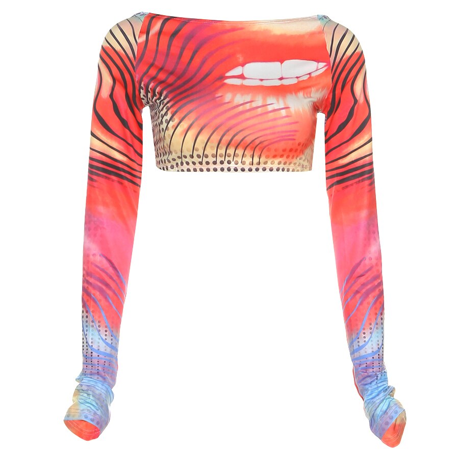Print Crop Tops Backless Long Sleeve T-Shirts