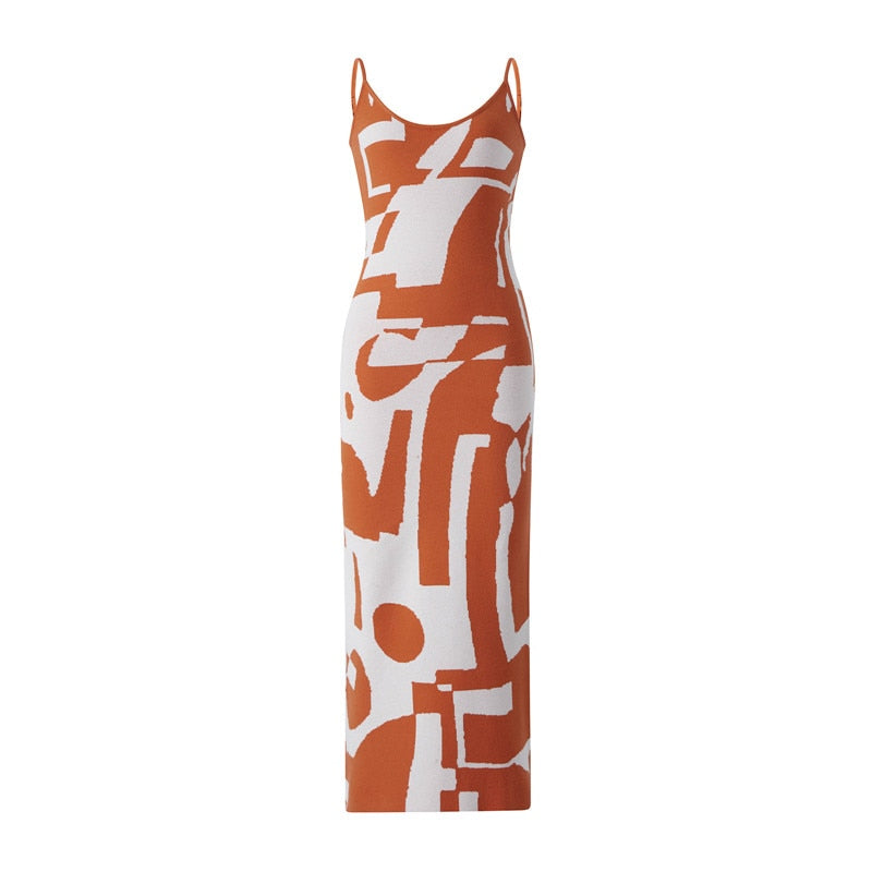 Brown Abstract Pattern Bodycon Maxi Dress