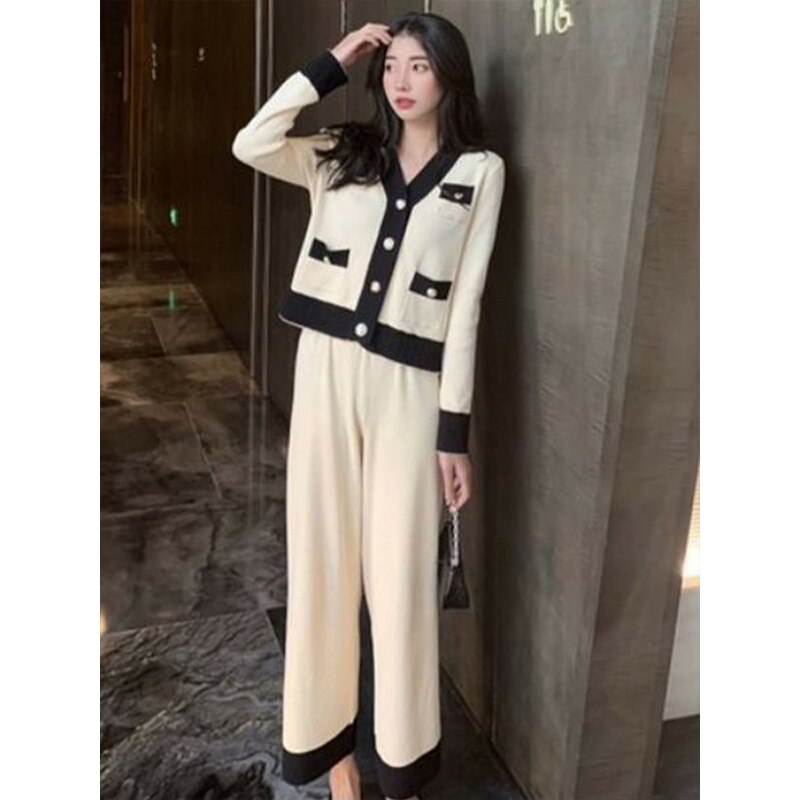 Black/White Knitted Wide-Leg Pants Two-Piece Suit