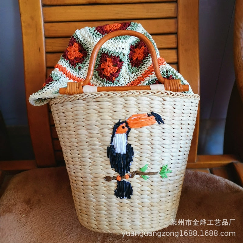 Embroidered Bird Rattan Bag