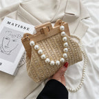 Wooden Straw Clip Bag Pearl Bag