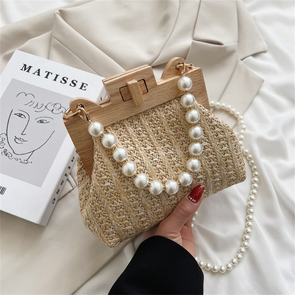 Wooden Straw Clip Bag Pearl Bag