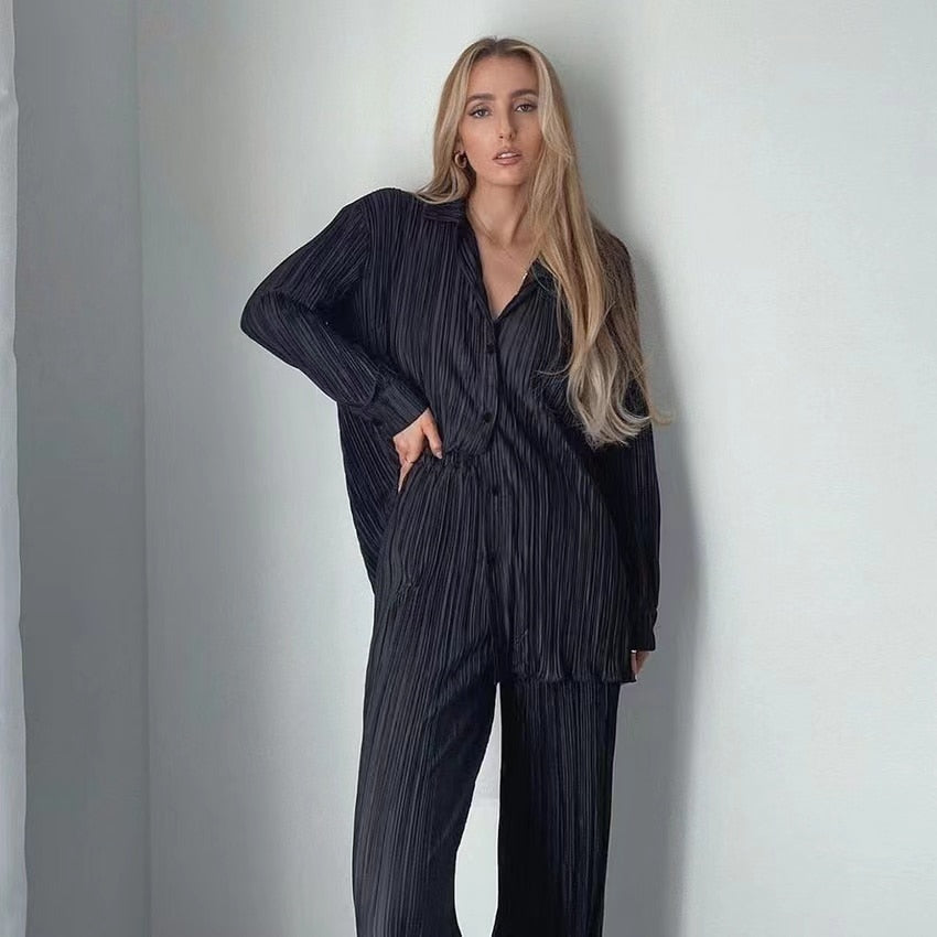 Long Sleeve Blouses+Wide Leg Pants Two Piece Set