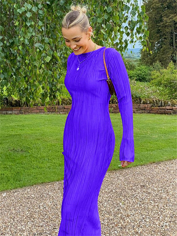 Long Sleeve Bodycon Striped Long Dress