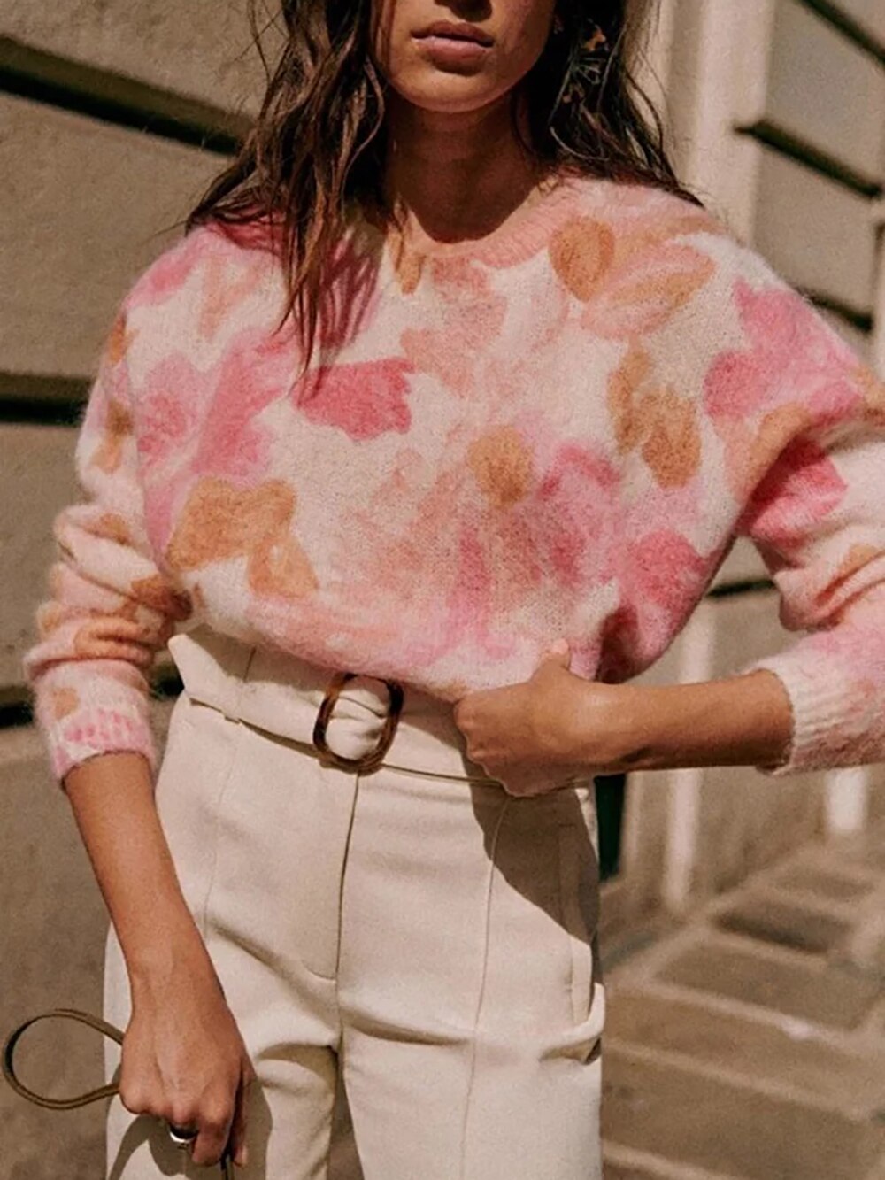 Pink Flower Painting Jacquard Knit Sweater