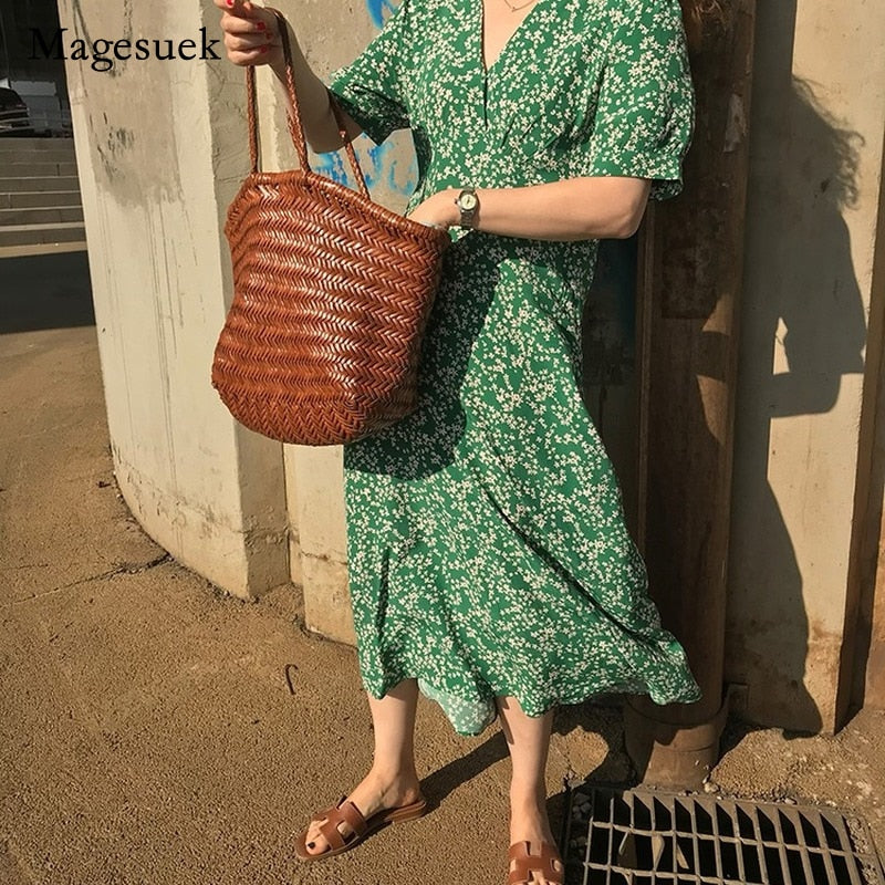 Printed Flower V-neck Dress