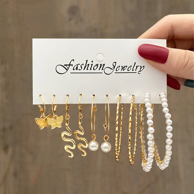 Gold Pearl Hoop Earrings Set