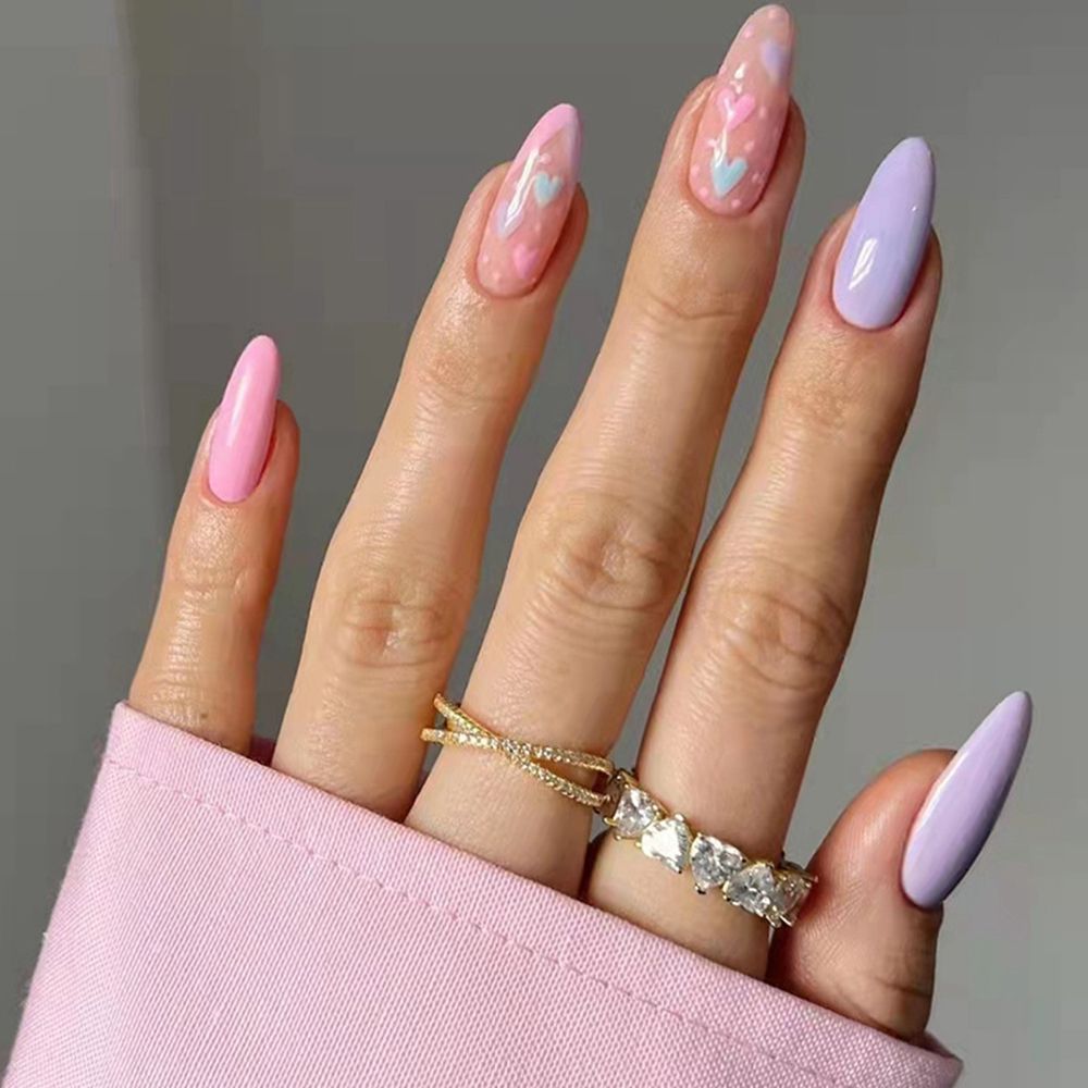24Pcs/Set Heart Pink/Purple French Stiletto Nails