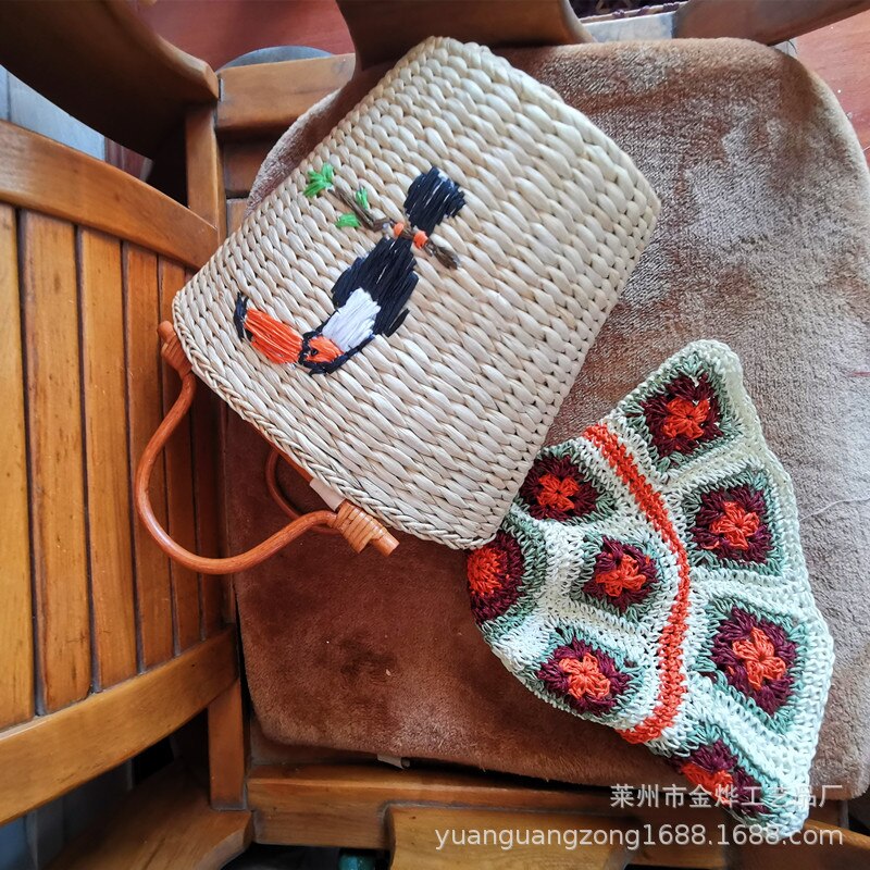 Embroidered Bird Rattan Bag