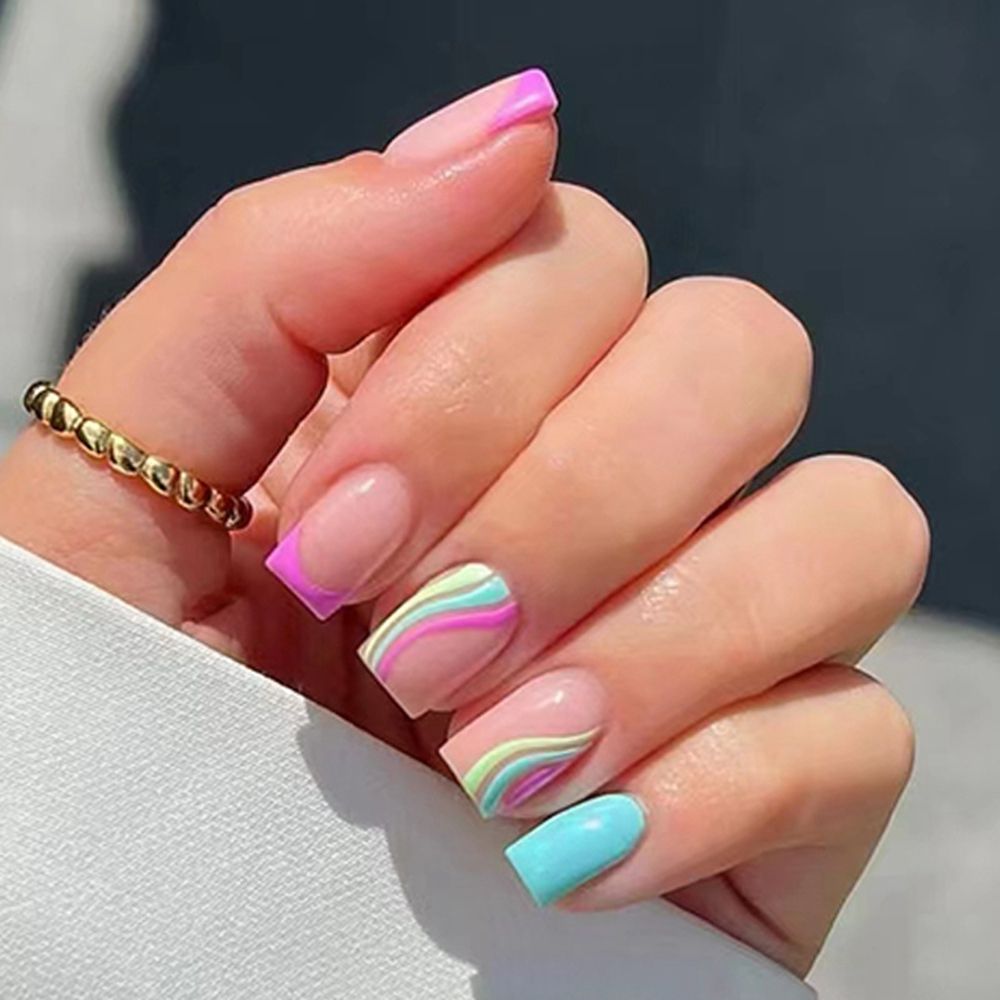 24pcs/Box Wave Line Square Head Press On Nails Pink