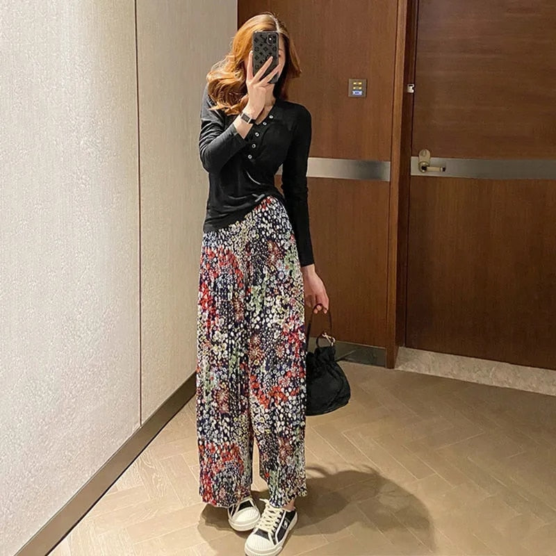 Black Multicolor Floral Wide Leg Trousers Pants