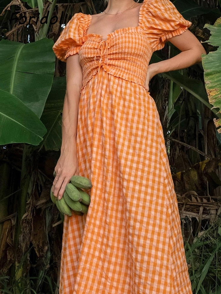 Puff Sleeve Orange Ruched Maxi Dress