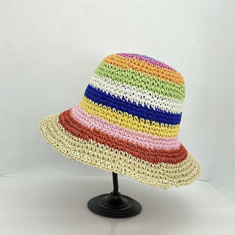 Straw Handmade Rainbow Striped Crochet Bucket Hat
