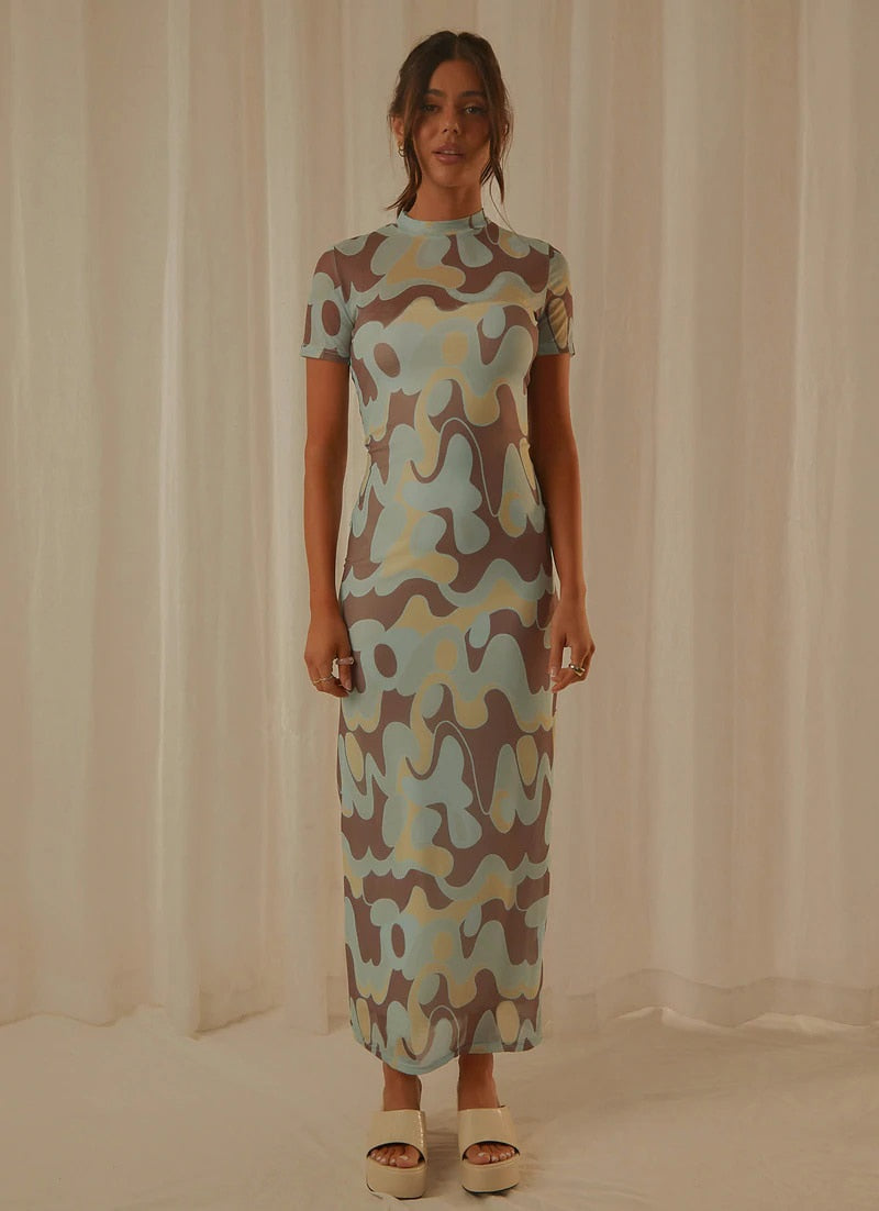 Brown/Blue Graphic Print Maxi Dress