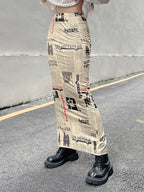 Newspaper Letter Print High Waist Long Skirt