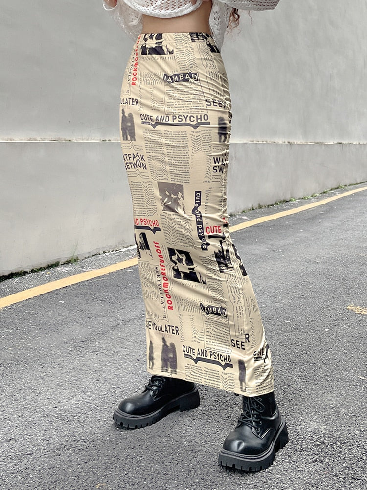 Newspaper Letter Print High Waist Long Skirt