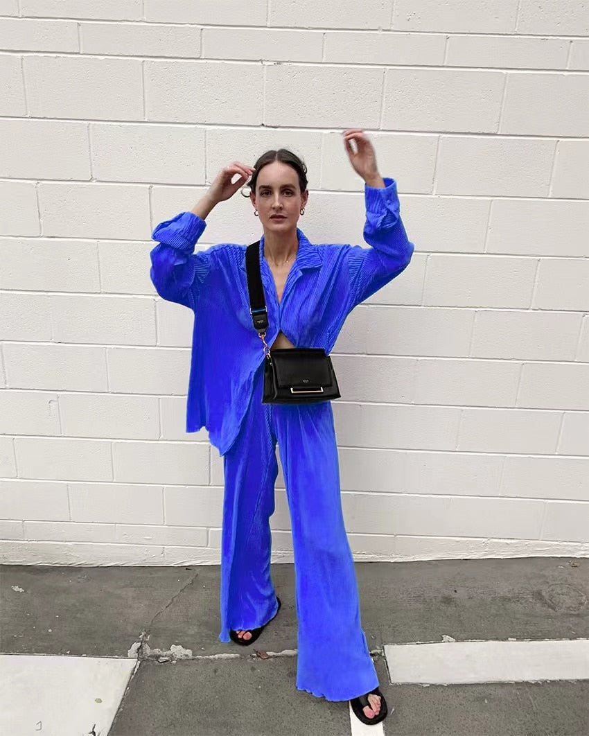 Long Sleeve Blouses+Wide Leg Pants Two Piece Set