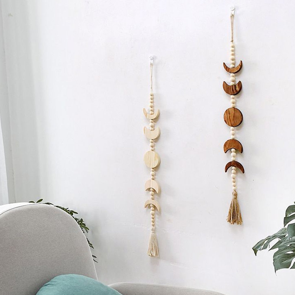 Wood Star Moon Phase Wall Hanging Boho Tassel